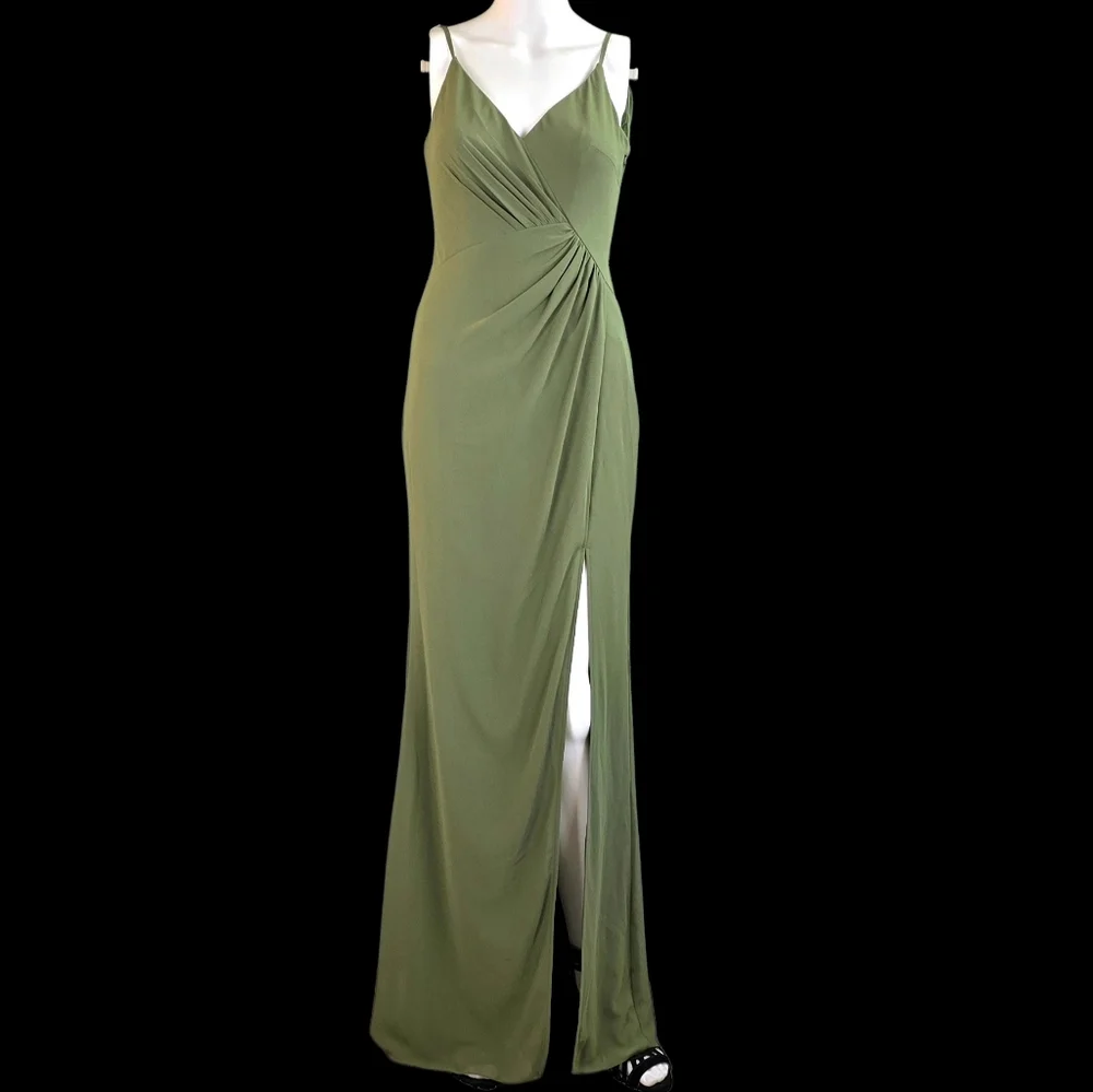 David's Bridal Chiffon Cowl Back V-neck Sheath Dress Martini Olive Color - Picture 3 of 14